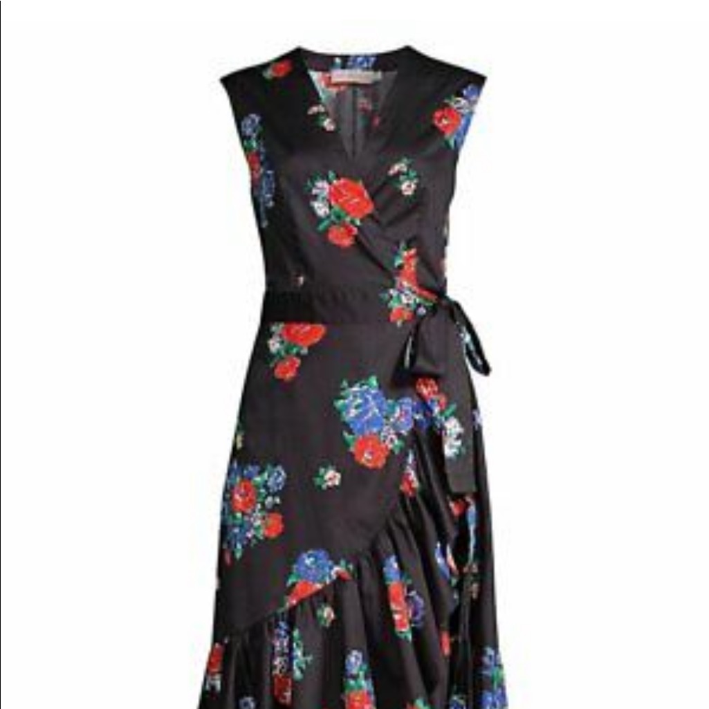 Tory Burch Black Floral Wrap Dress With Red And Blue Blooms